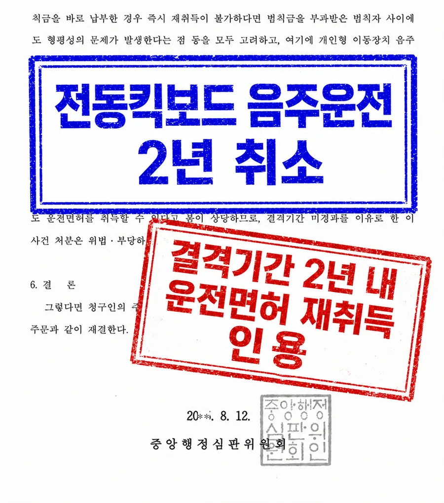 행정심판 재결서 — 전동킥보드 음주운전 2년취소 → 결격기간 내 재취득 인용
