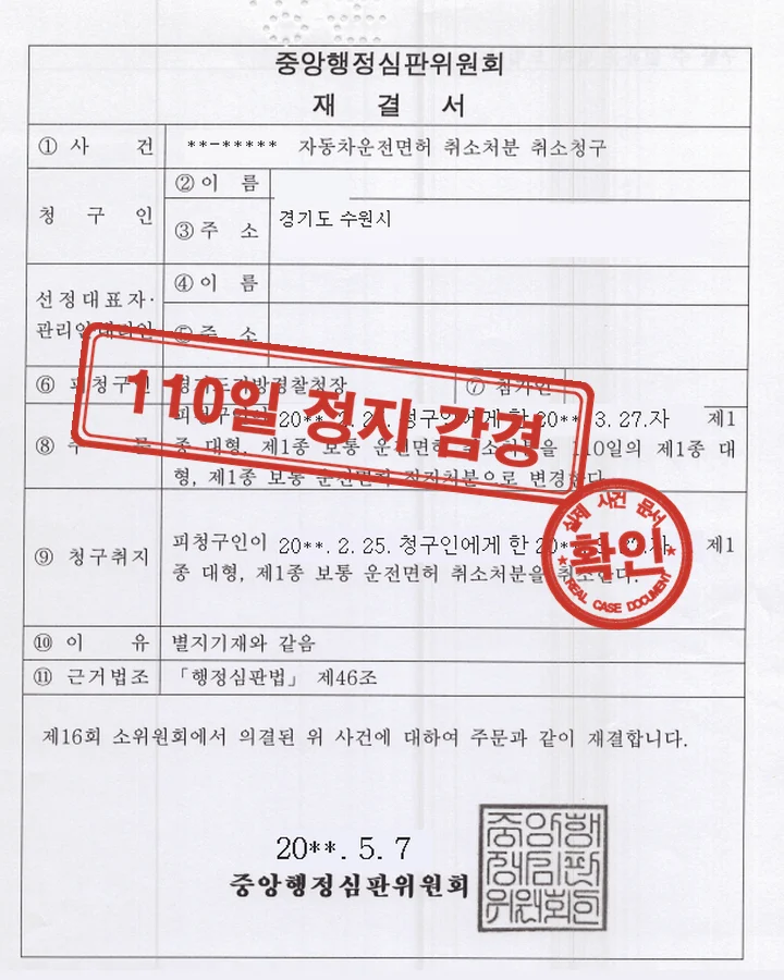 행정심판 재결서, 행정심판 110일 정지 일부인용, 0.099%·벌점초과