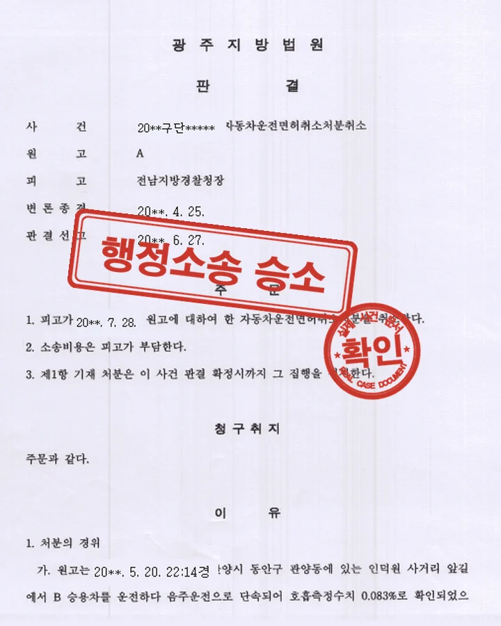 판결문, 행정소송 면허취소처분 취소 승소