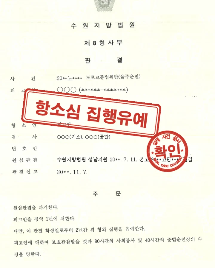 판결문, 항소심 징역 1년 → 집행유예 2년