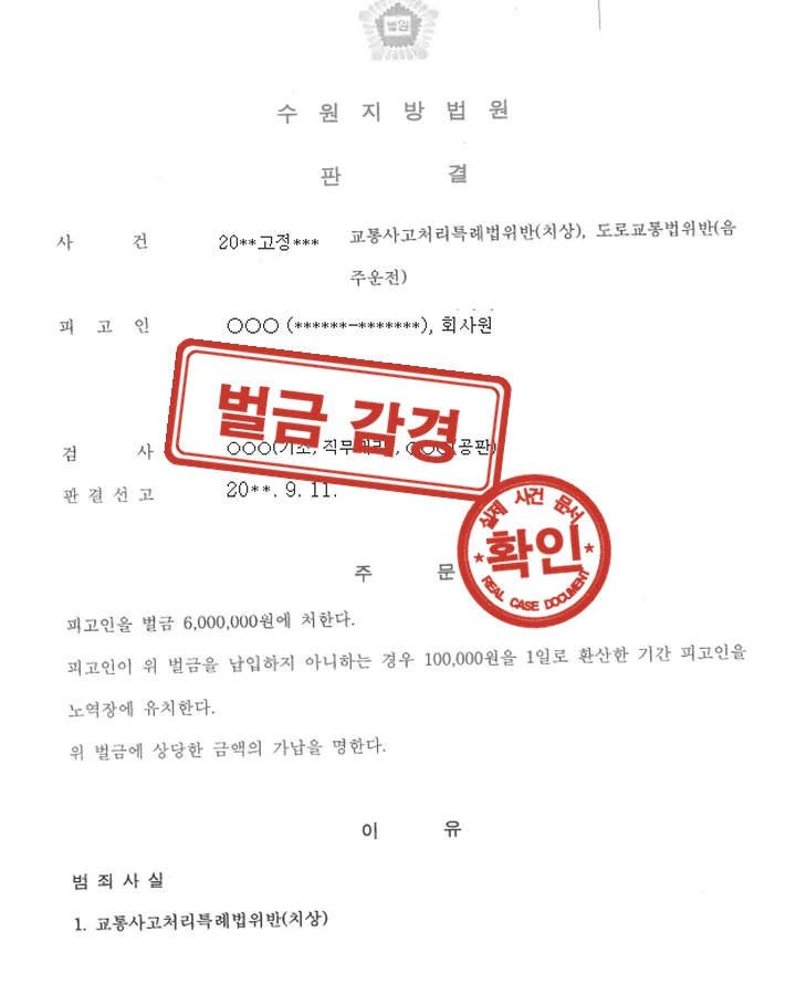 판결문, 음주 교통사고 벌금 감경