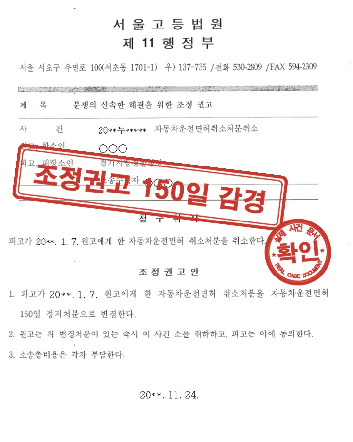 조정권고, 행정소송 벌점초과 취소 150일 정지 변경
