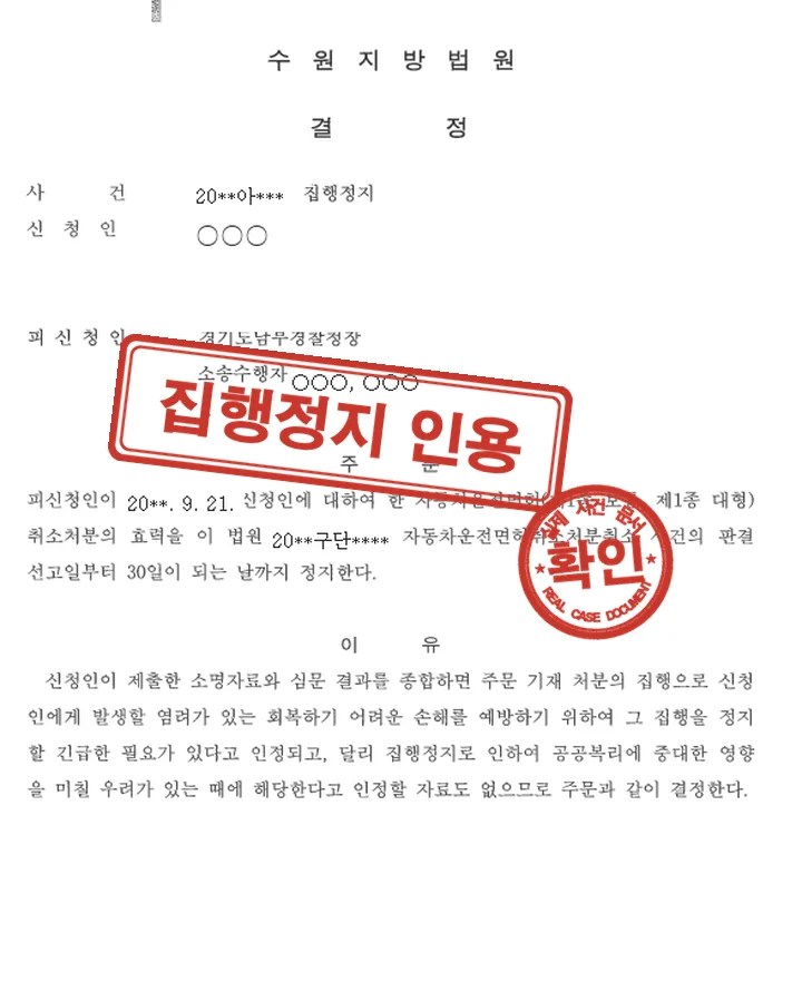 집행정지 결정, 행정소송 면허취소처분 집행정지 인용