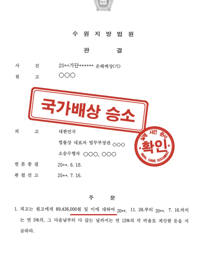 판결문, 국가배상 손해배상 청구 승소 (약 9천만원)